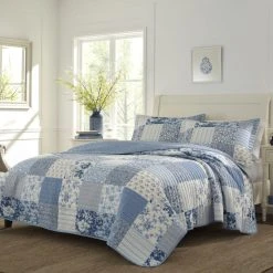 Laura Ashley Paisley Printed Cotton Coverlet Set 220x240cm Blue 220 X 240 Cm